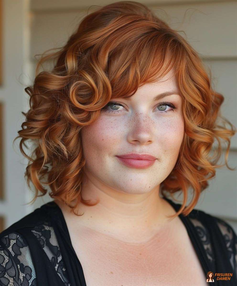 Verspielte Lockenfrisur mit frischem Finish für rundes Gesicht