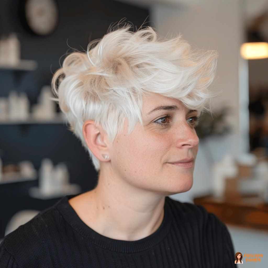Kurzhaarschnitt für Frauen mit verspielter Textur, frecher Wirkung und lebendiger Bewegung