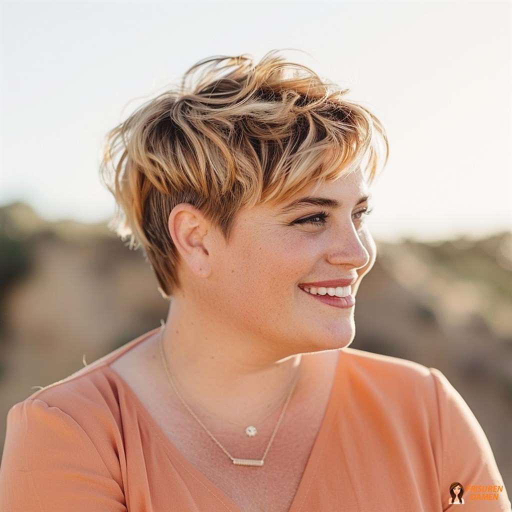 Abgestufter Kurzhaarschnitt für mollige Frauen, öffnet das Gesicht und wirkt modern