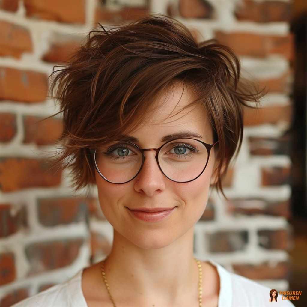 Verspielter Kurzschnitt für Frauen ab 60 mit Brille, mit leichter Textur