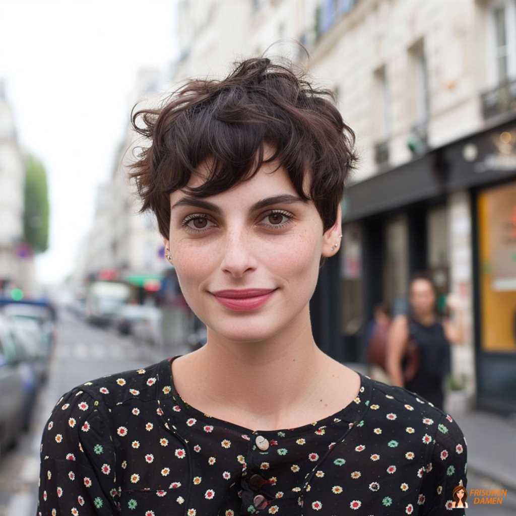 Kurzhaarschnitt für Damen mit lockigen Spitzen und lebendigem Volumen