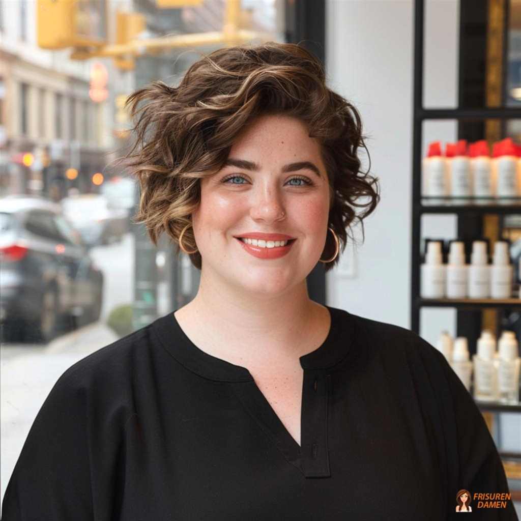 Verspielter Kurzhaarschnitt mit Wellen für mollige Frauen, softes Finish und modern