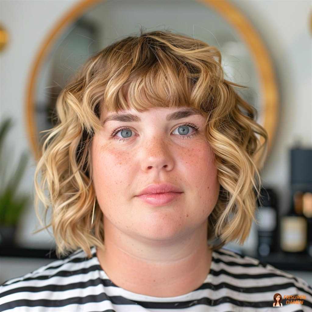 Verspielter Lockenbob mit Pony für mollige Frauen, weicher Rahmen und Streck-Effekt