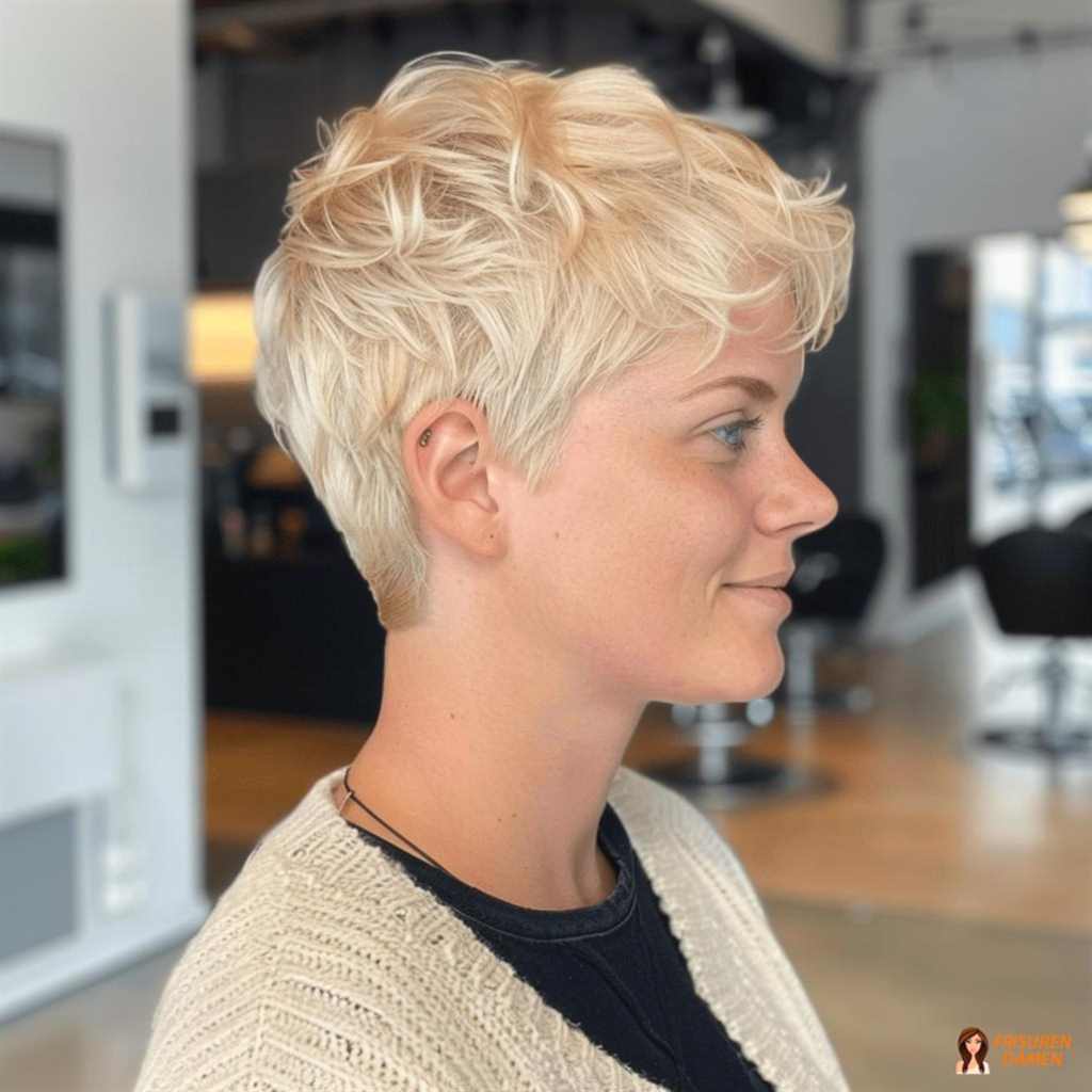 Verspielter platinblonder Kurzhaarschnitt für Damen mit frischer Leuchtkraft