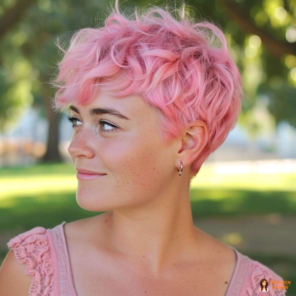Kurzhaarschnitt mit zartem Rosaton und luftiger Textur für einen kreativen Akzent