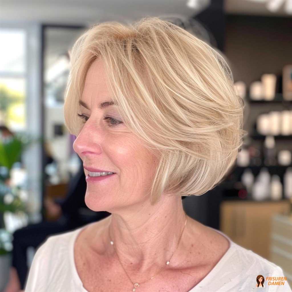 Voluminöser blonder Bob mit sichtbarer Fülle am Oberkopf und bewegten Längen
