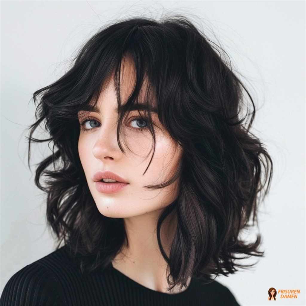Wavy Bob mit Curtain Bangs für Frauen, voluminös und modern