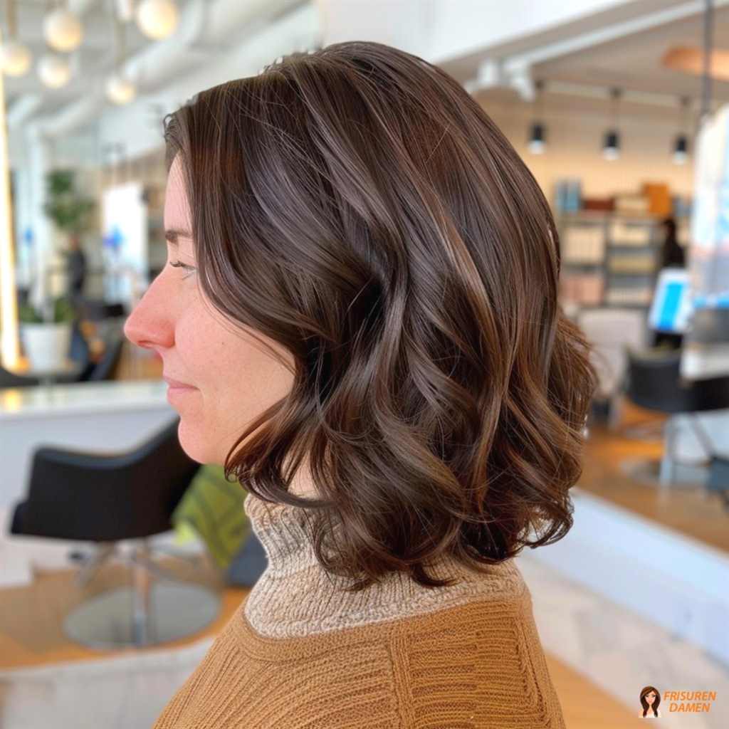 Schokobraune Haarfarbe für Frauen mit warmem Ton, glänzendem Finish und elegantem Stil