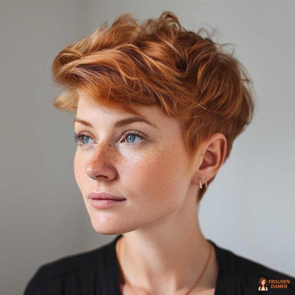 Pixie Cut in warmem Kupferton, der dem Teint Wärme gibt und den Look lebendig macht