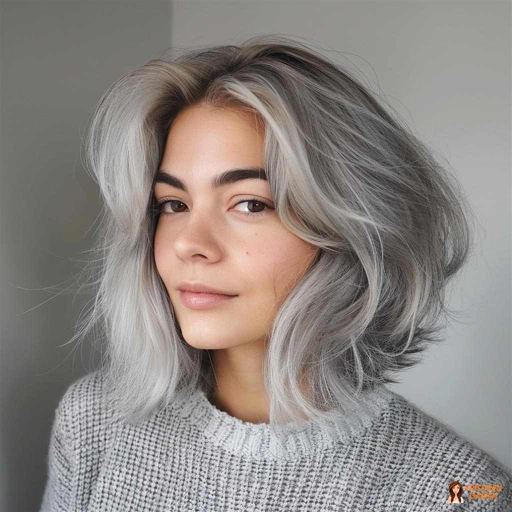 Freche graue mittellange Frisur für Frauen mit moderner Ausstrahlung