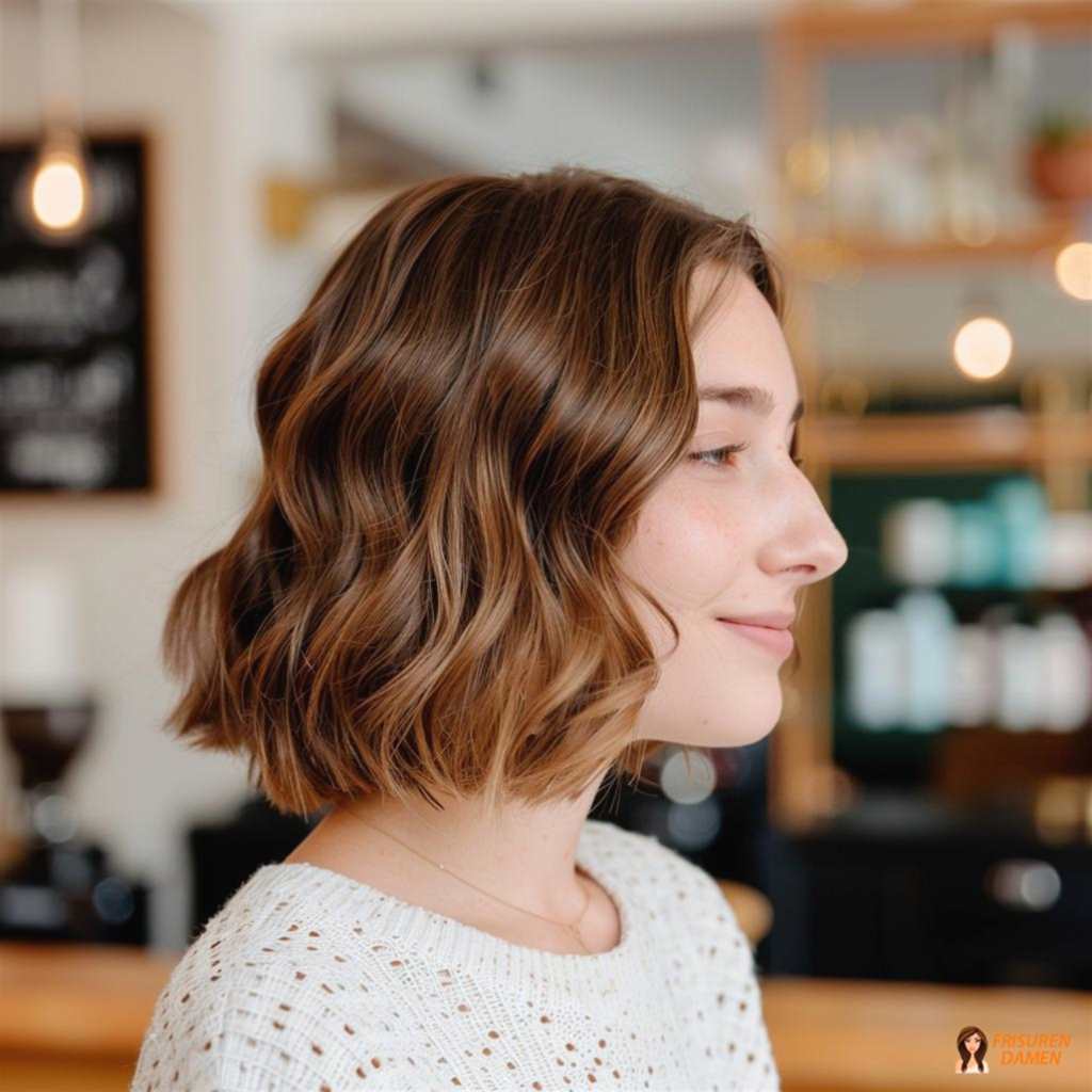 Braune Haarfarbe für Frauen im gewellten Bob mit romantischem Effekt und sanfter Bewegung
