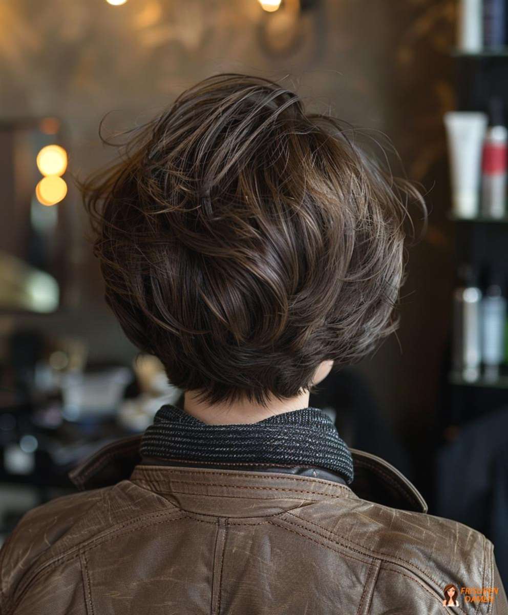 Brauner Bob für Frauen mit weichem Farbverlauf und ruhiger Rückenansicht