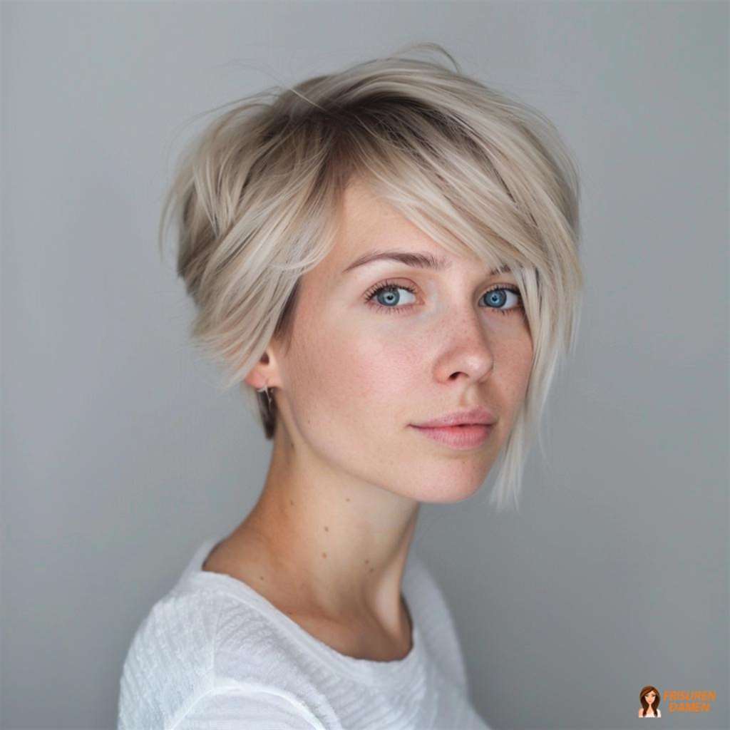Kurzhaarlook in weichem Blond mit klarer Form für einen frischen, modernen Kontrast