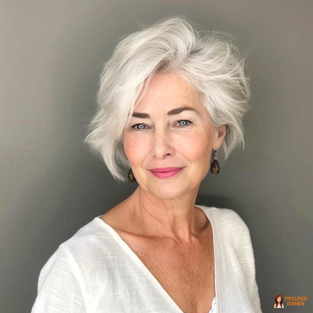 Weißblonde Wellenfrisur für Frauen ab 60 ohne Brille mit sanfter Tiefe