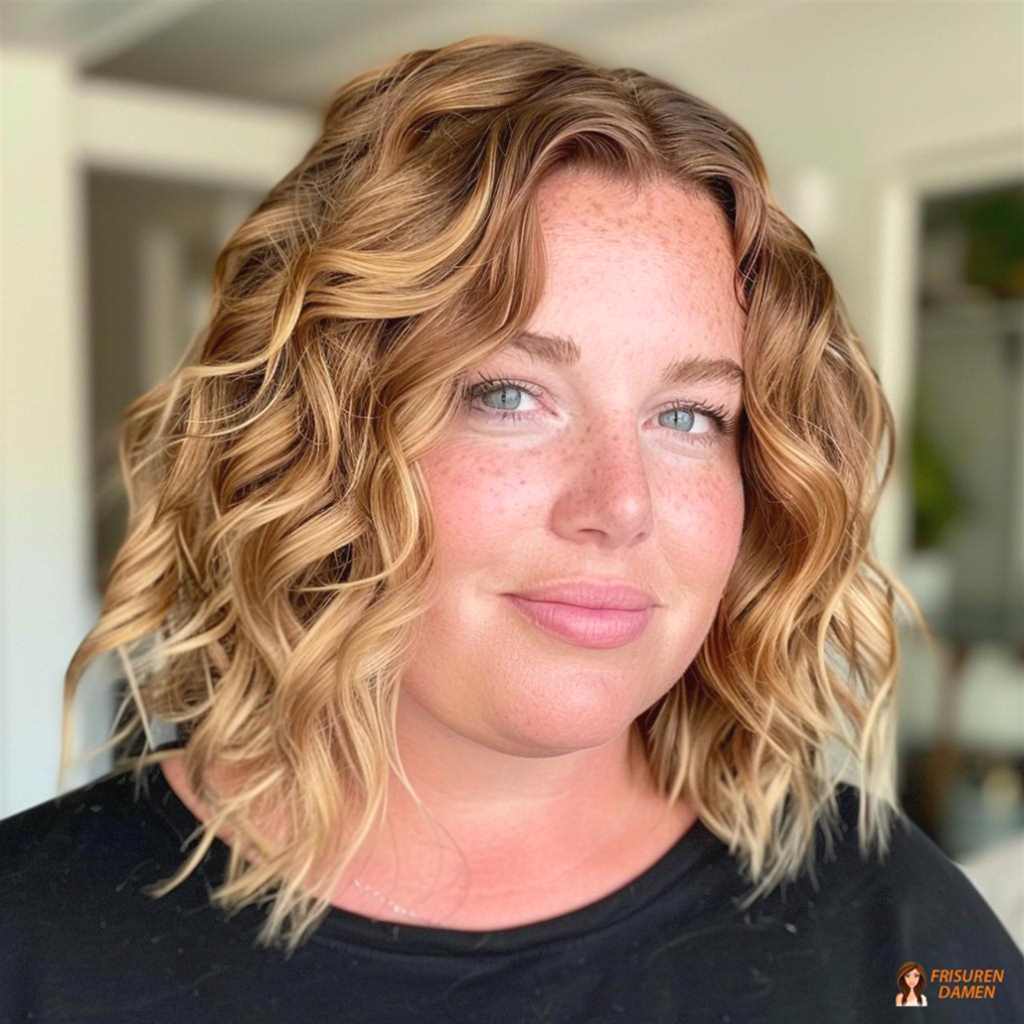 Wellenförmiger Lob für mollige Frauen mit Doppelkinn, streckender Effekt durch Länge