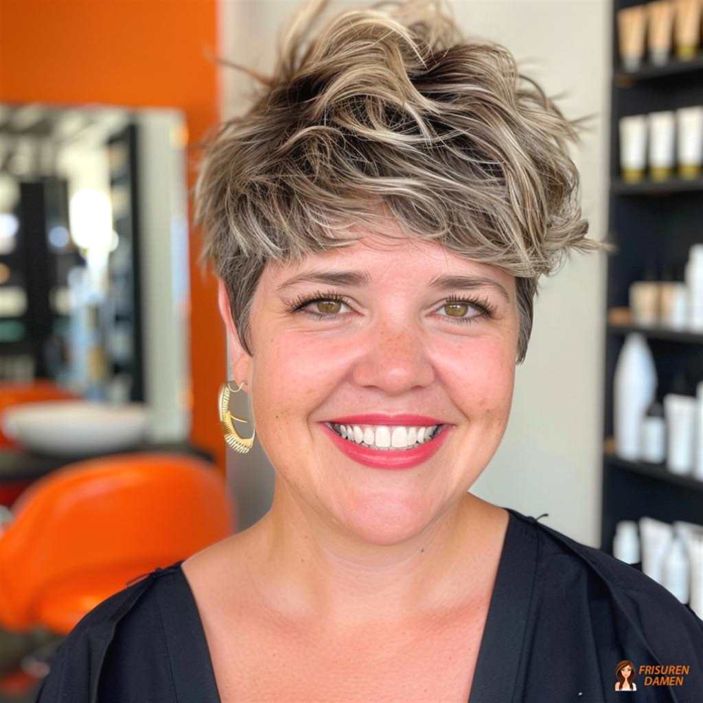 Wuscheliger Pixie mit Highlights für mollige Frauen, der optisch Höhe schafft