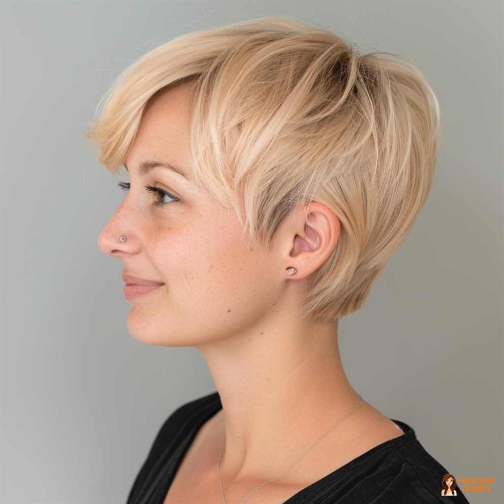 Zeitloser blonder Pixie Cut mit natürlichem Finish