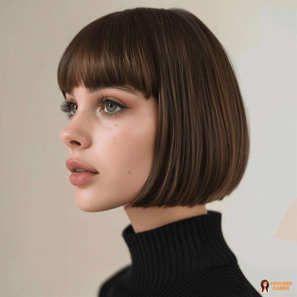 Schokoladenbrauner Bob mit Pony für Frauen mit warmem Hautton