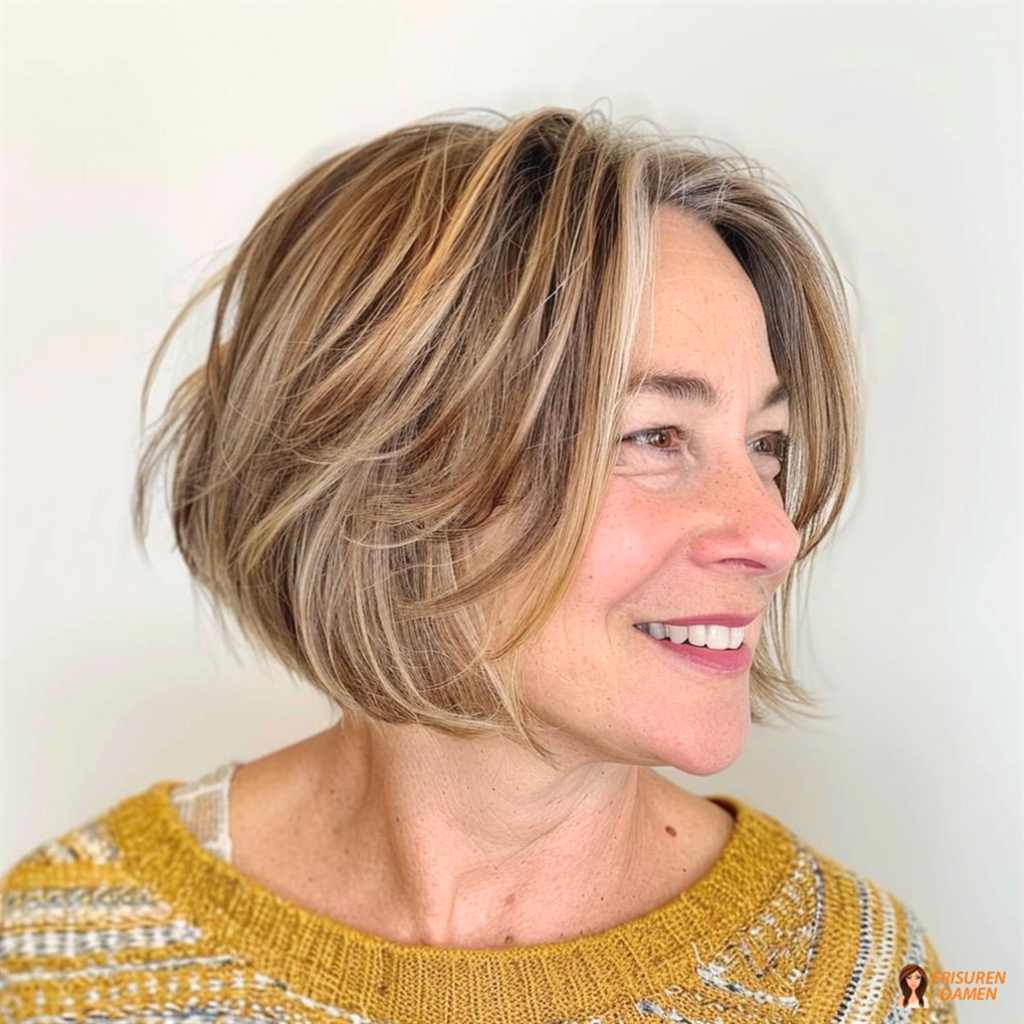 Zeitloser gestufter Bob mit Seitenscheitel, der Volumen erzeugt und das Gesicht schmeichelhaft umrahmt